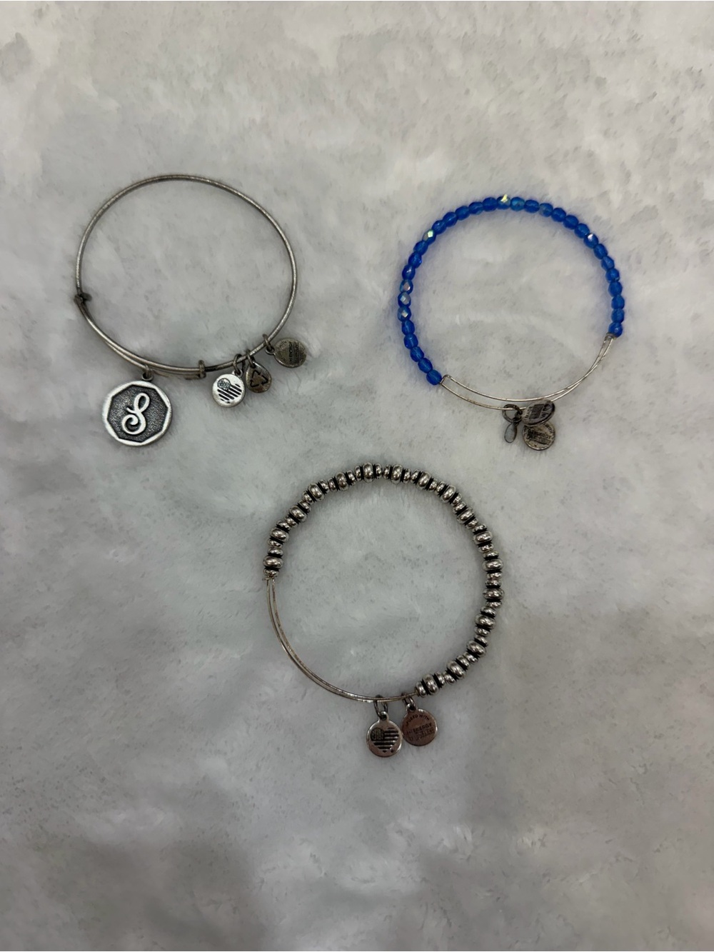 Alex and Ani Blue and Silver Three-Piece Bracelet Set